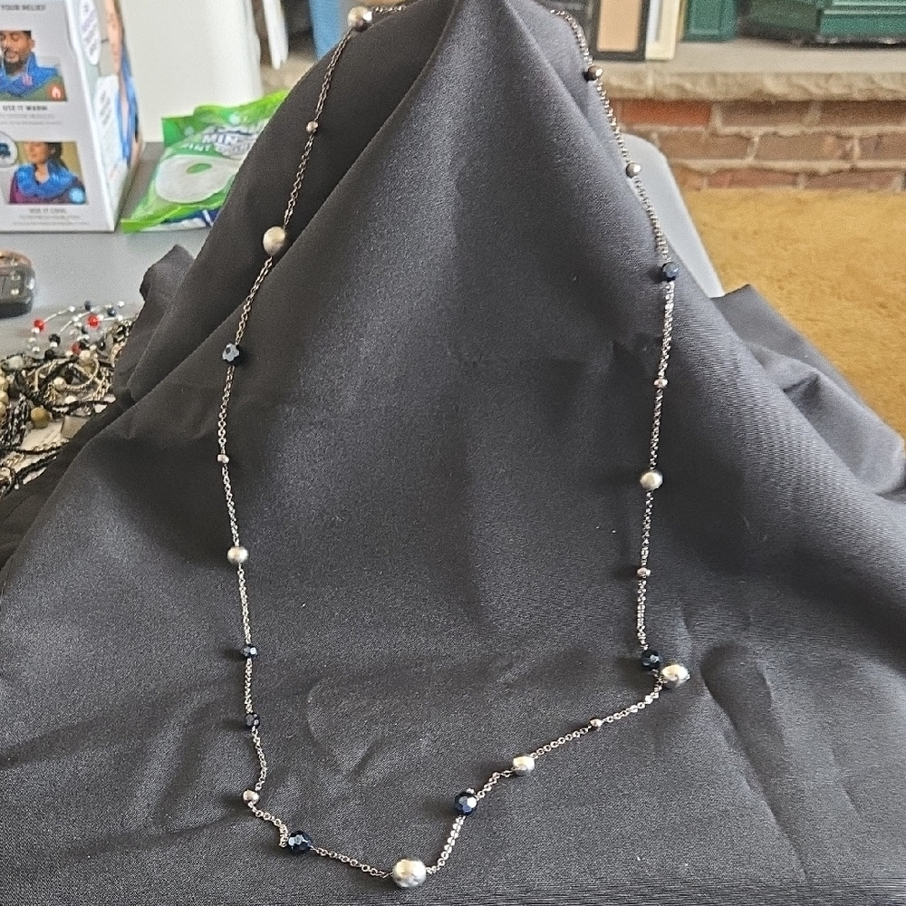 Cookie Lee Silver Pearl and Navy Beaded Necklace